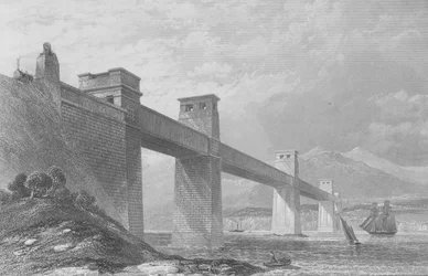 Menai-Straße, Wales - Die Britannia-Röhrenbrücke aus 